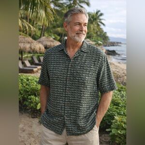 Tommy Bahama Camp Shirt LARGE Silk Cotton Button Front Original Fit